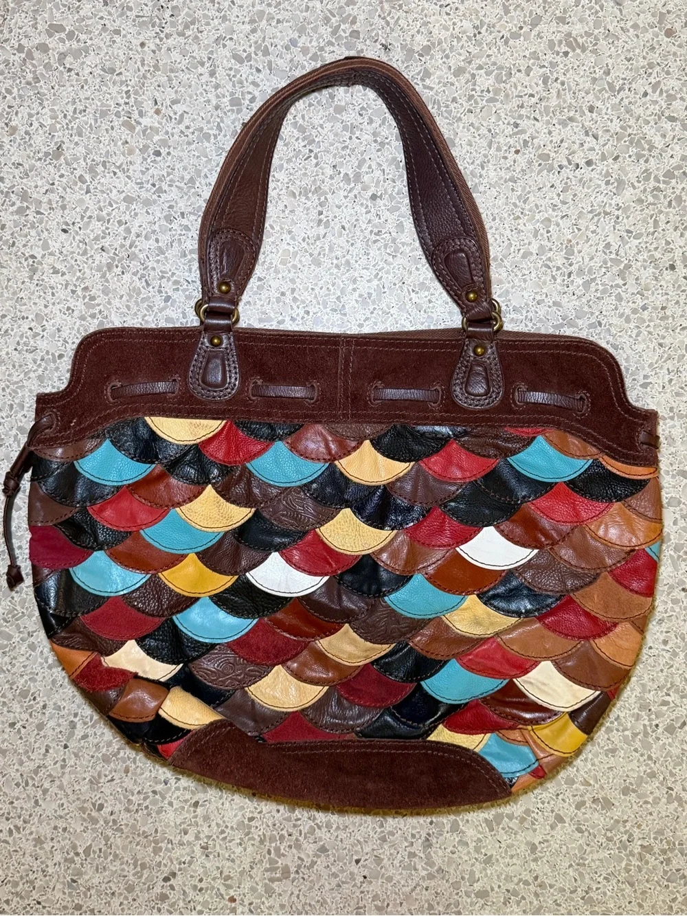 Vintage Lucky Brand Multicolor Scallop Patchwork Leather Tote - Brown Trim